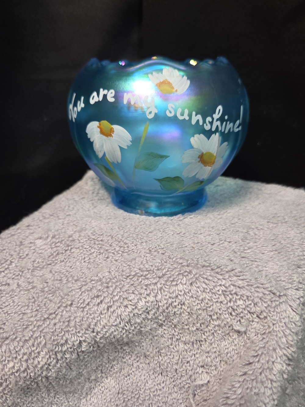 Blue Iridescent 'You Are My Sunshine' Fenton Floral Glass Bowl (Signed)